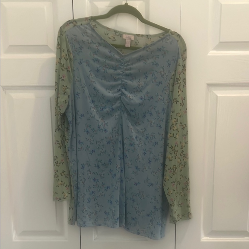 LOGO by Lori Goldstein Blue Ruched Long Sleeve Blouse